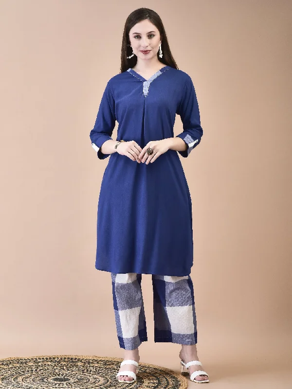 Women Liva (Rayon) Blue Solid Kurta With Cotton Comfort Pant