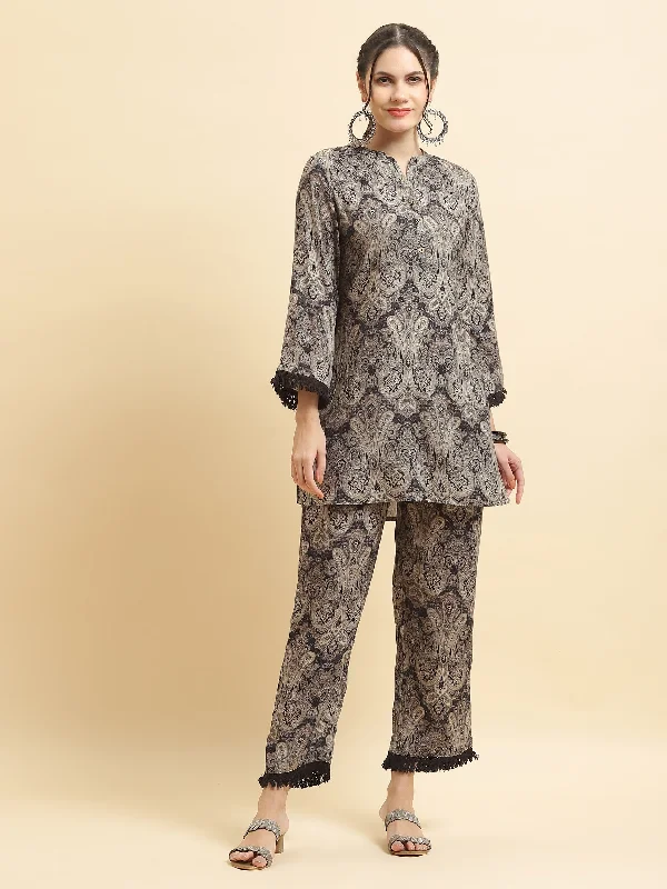 Women Liva Rayon Grey Paisley Print Co-Ord Set