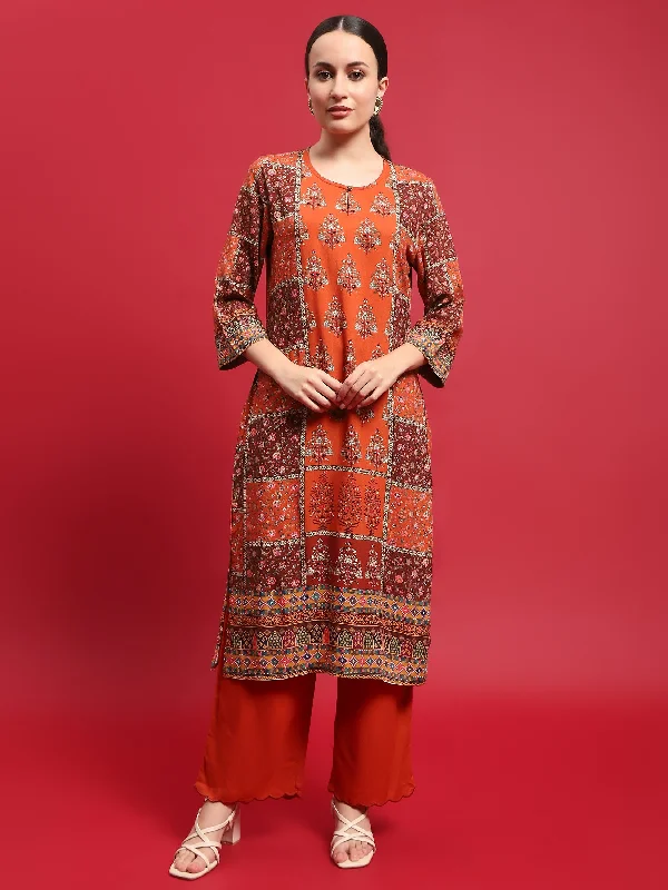 Women Liva Rayon Orange Floral Print Kurta With Comfort Pant