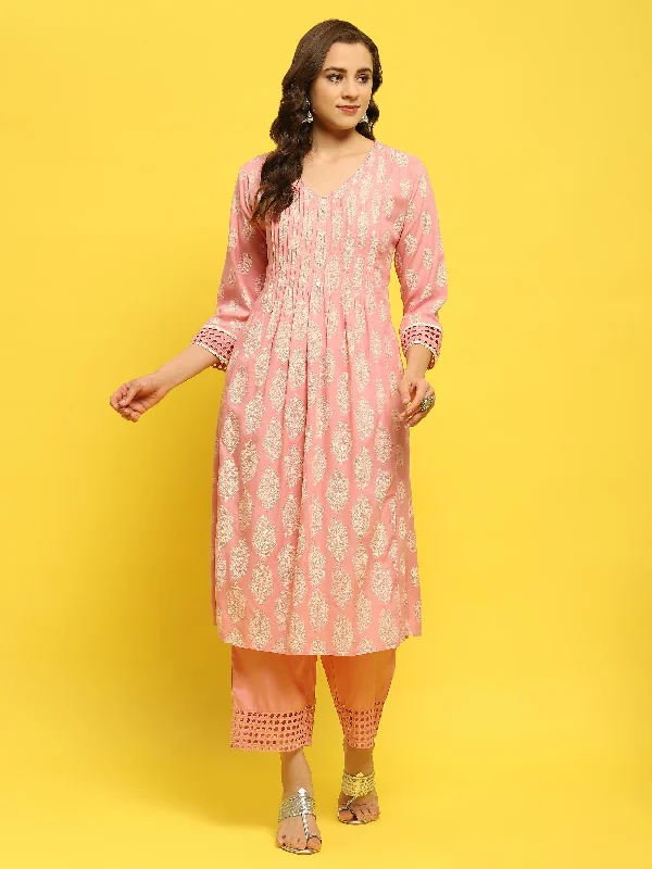 Women Liva Rayon Pink Geometric Print Kurta With Comfort Pant