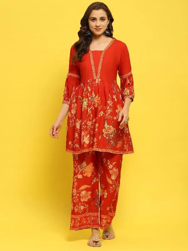 Women Liva Rayon Red Floral Print Co-Ord Set