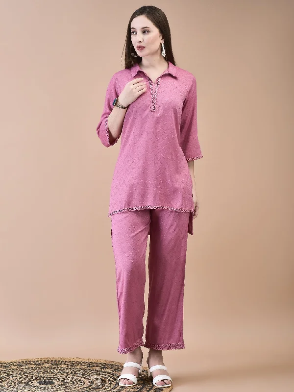 Women Poly Viscose Dobby Pink Solid Co-Ord Set