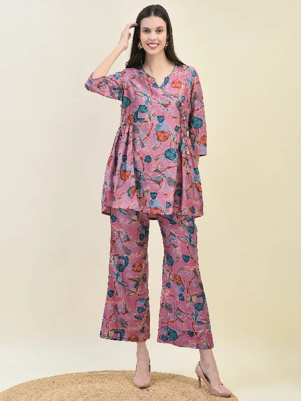 Women Viscose Pink Tropical Print Co-Ord Set