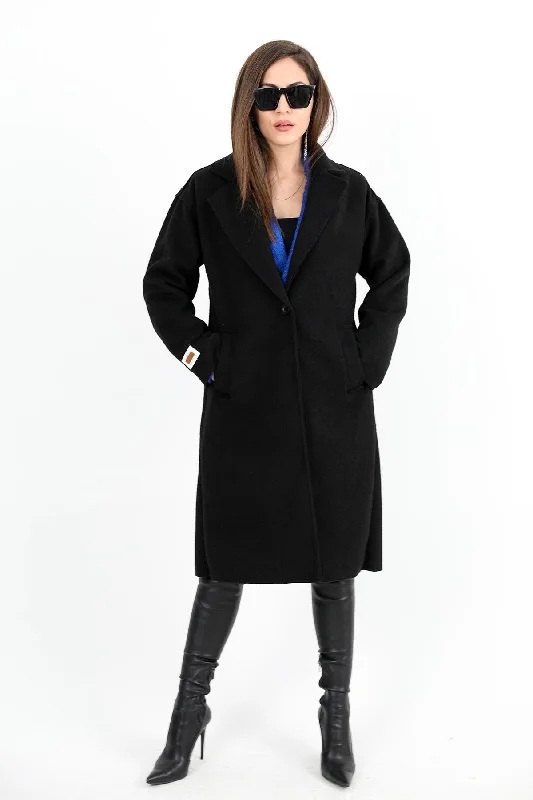 Women's Cashmere Coat Double-Breasted Collar Sleeve with Crest Detail - Black