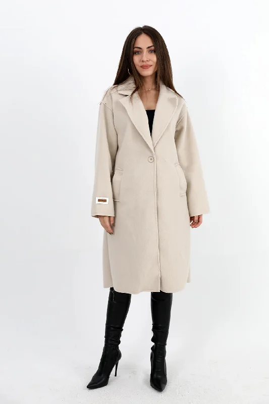 Women's Cashmere Coat Double Breasted Collar Sleeve with Crest Detail - Stone