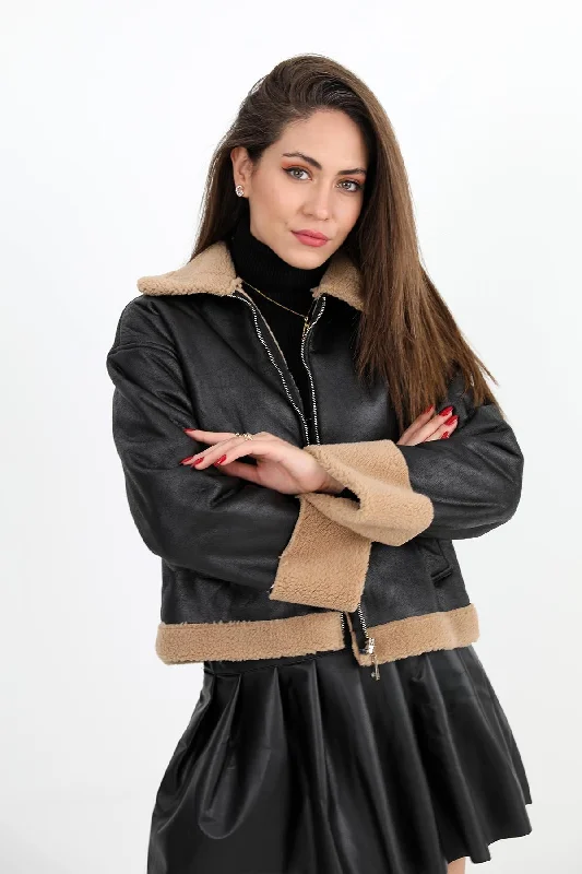 Women's Coat Sleeve Folded Suede Plush - Black