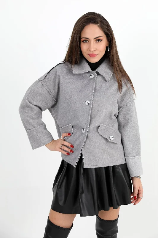 Women's Coat with Pocket Flap Button-Up Short - Gray