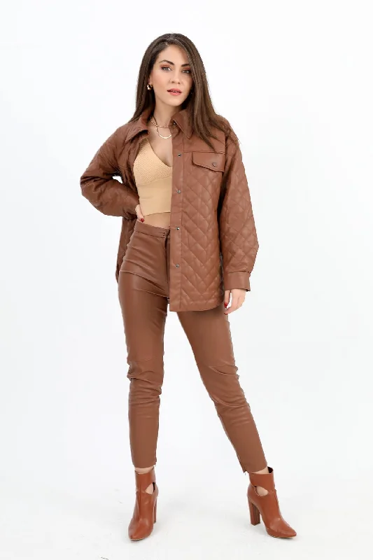 Women's Leather Coat with Pocket Flap Quilted - Brown