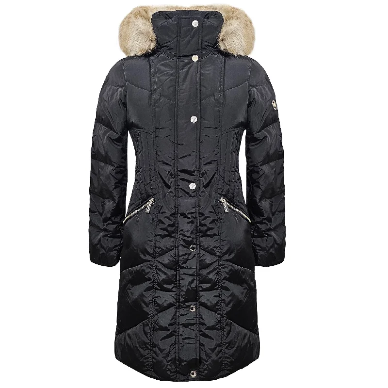 Michael Michael Kors Women's Black Chevron Down 3/4 Warm Puffer Winter Coat with Removable Hood