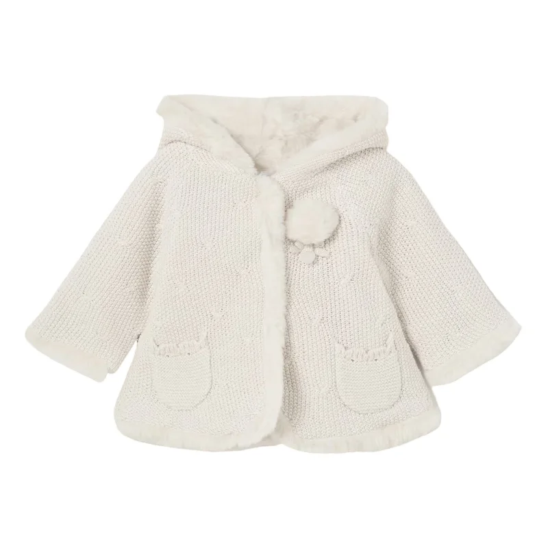 Beige Pom Knit Hooded Coat