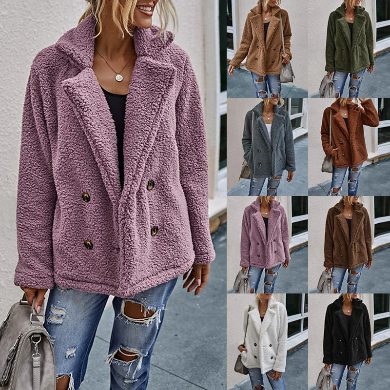 Women's Solid Color Coat Lapel Collar Fall Winter Long Sleeve Outwear Warm Tops