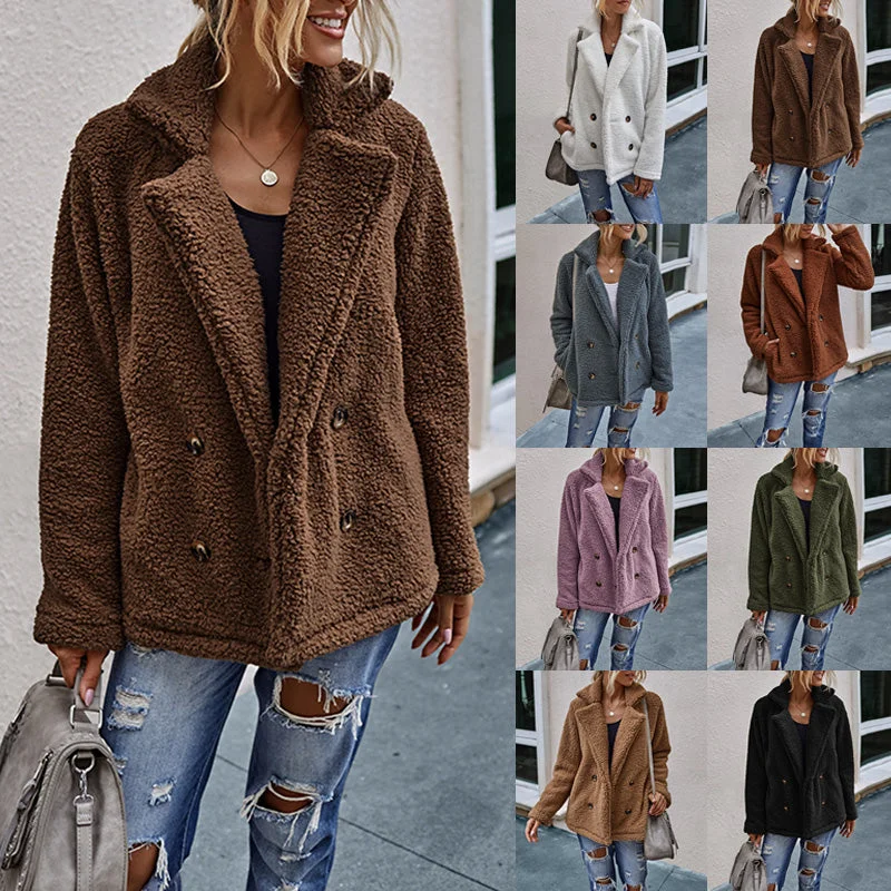 Women's Solid Color Coat Lapel Collar Fall Winter Long Sleeve Outwear Warm Tops