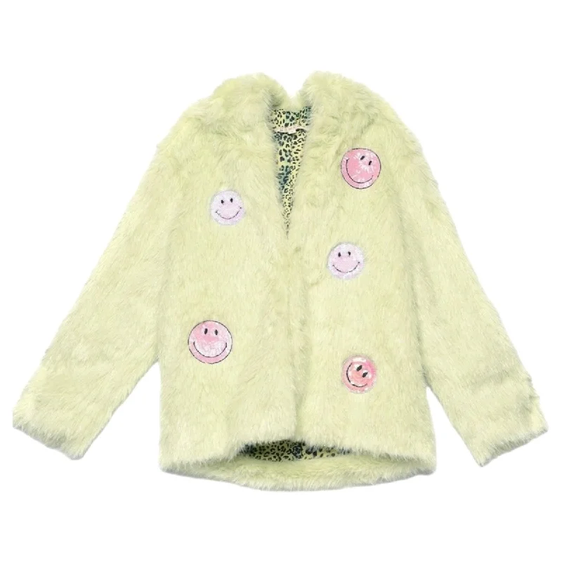 SMILEY FACE HOODED FAUX FUR COAT