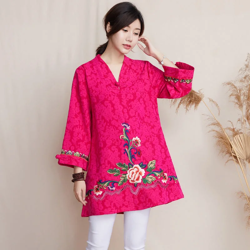 Floral Embroidery Fancy Cotton Retro Chinese Blouse Zen Coat