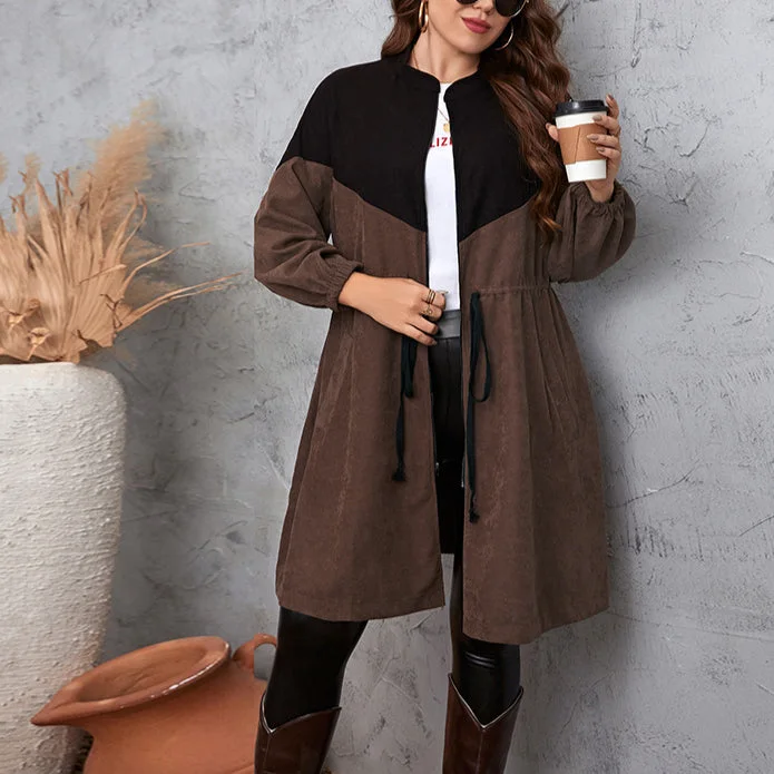 Wholesale Plus Size Women Clothing Contrasting Color Commuting Simple Wind Strap Mid-Length Coat