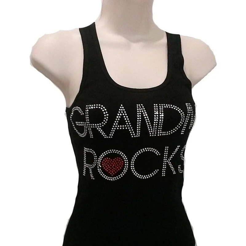 Grandma Rocks Rhinestone Black Ribbed Razor Back Tank Top