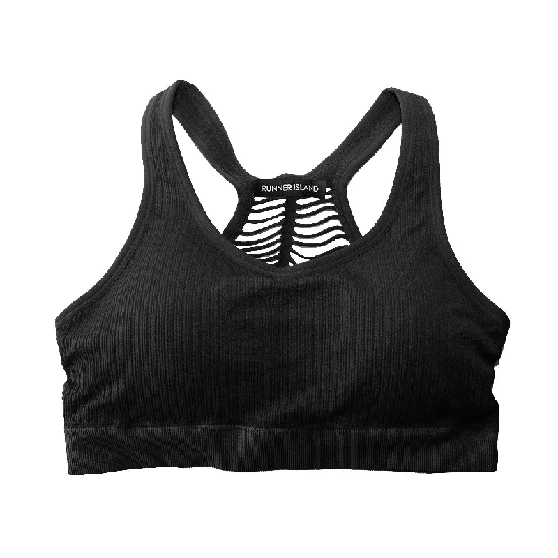 Runner Island Women's Black Sports Bra Ribbed Cutout Back